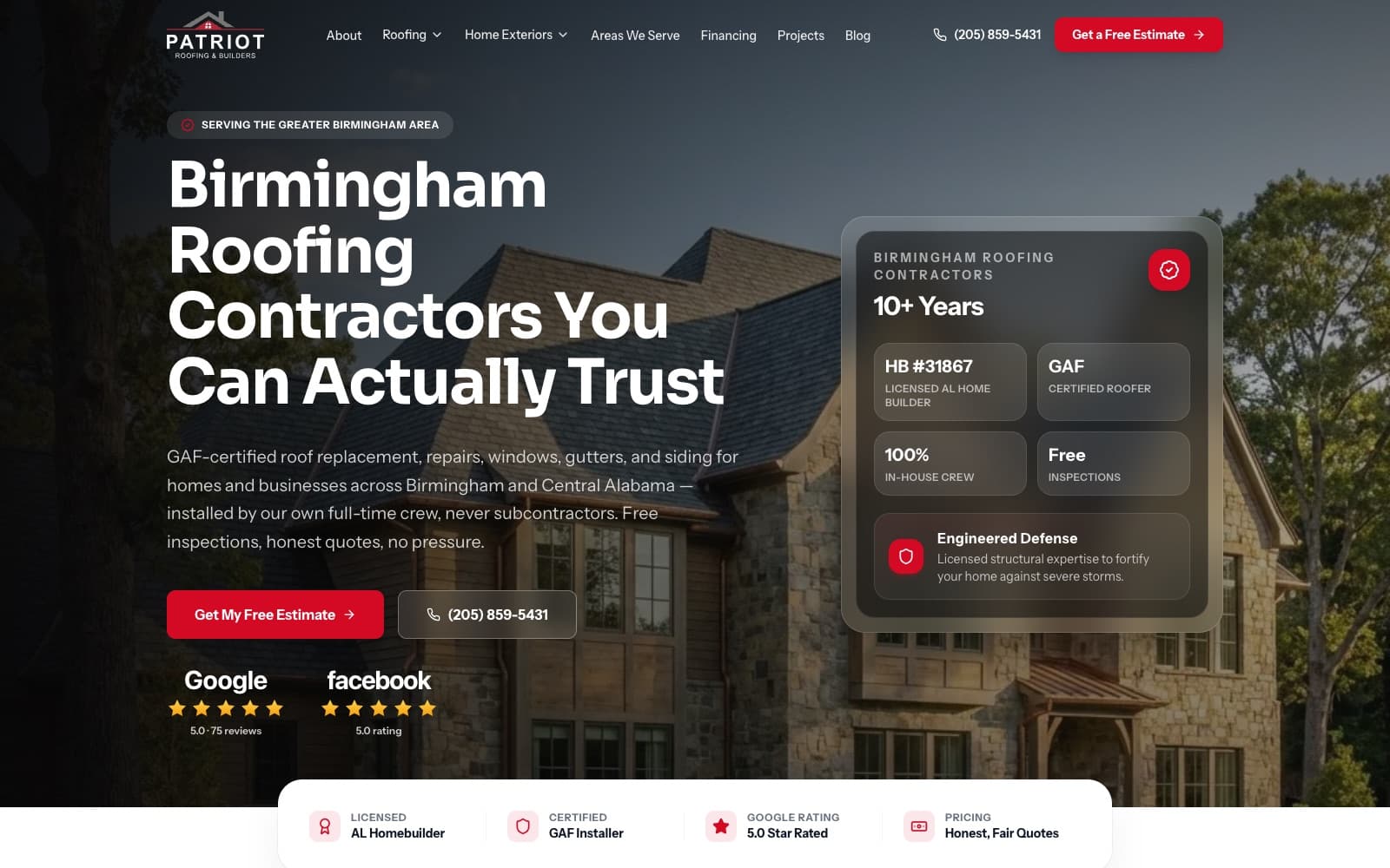Patriot Roofing & Builders website screenshot